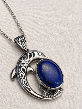Lapis lazuli gemstone, oval filigree, dolphin pendant necklace -gift for her